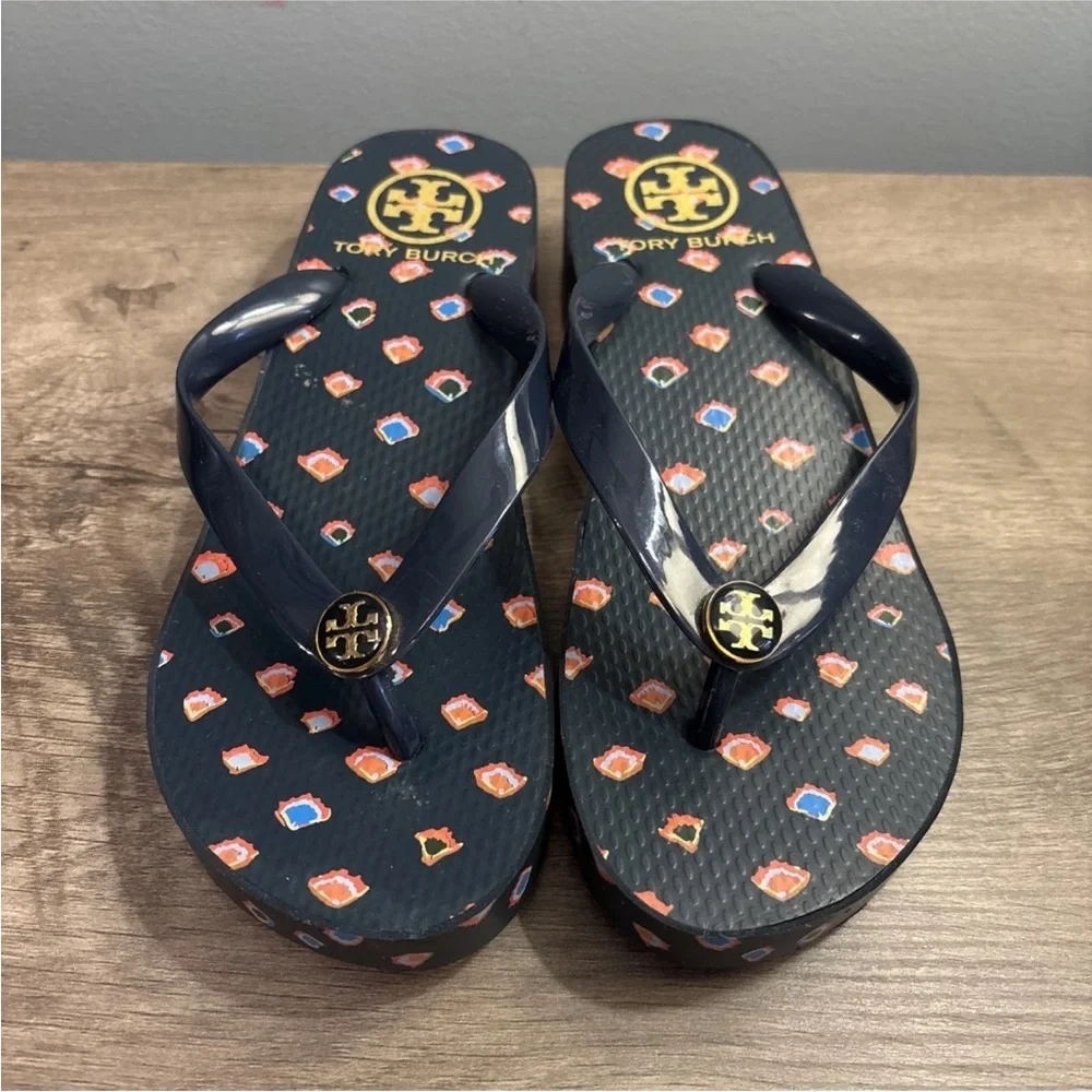 Tory Burch Navy Blue Fresh Blueberry Wild Pansy Flip Flops